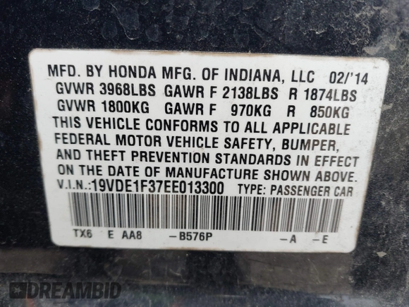2014 Acura ILX with VIN 19VDE1F37EE013300, listed as a IAAI auction lot 41748115 with 122,732 mi miles. Bid and sale history available at carsss.com. Image 9.