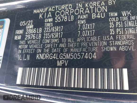 2021 Kia Sorento S with VIN KNDRG4LG5M5057404, listed as a IAAI auction lot 42170297 with 108,623 mi miles and . Bid and sale history available at DreamBid. Image 9.