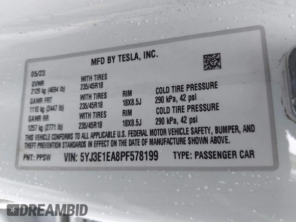 2023 Tesla Model 3 with VIN 5YJ3E1EA8PF578199, listed as a IAAI auction lot 41735465 with 50,823 mi miles and . Bid and sale history available at DreamBid. Image 9.