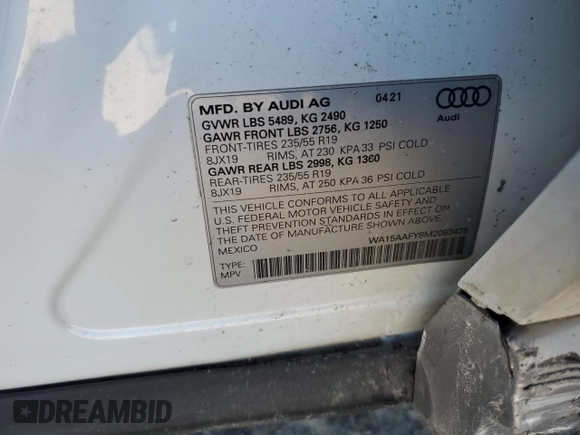 2021 Audi Q5 Sportback Premium Plus with VIN WA15AAFY8M2083428, listed as a Copart auction lot 74884974 with 39,937 mi miles and Non repairable. Bid and sale history available at DreamBid. Image 13.