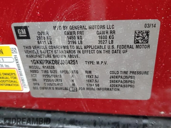 2014 GMC Acadia SLT with VIN 1GKKRRKD8EJ304251, listed as a Copart auction lot 43549515 with 203,884 mi miles and Salvage Title. Bid and sale history available at carsss.com. Image 13.