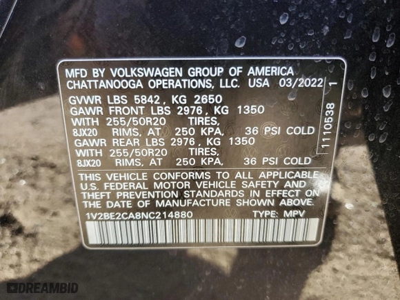 2022 Volkswagen Atlas Cross Sport 3.6L V6 SEL with VIN 1V2BE2CA8NC214880, listed as a Copart auction lot 45556834 with 17,428 mi miles. Bid and sale history available at carsss.com. Image 12.