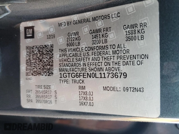 2020 GMC Canyon 4WD All Terrain w/Cloth with VIN 1GTG6FEN0L1173679, listed as a Copart auction lot 79684354 with 58,901 mi miles and Salvage Title. Bid and sale history available at carsss.com. Image 12.