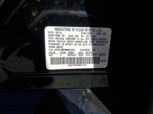 2022 Infiniti Q50 Luxe with VIN JN1EV7BPXNM310721, listed as a Copart auction lot 49985115 with Not Provided miles and Non Repairable. Bid and sale history available at DreamBid. Image 13.