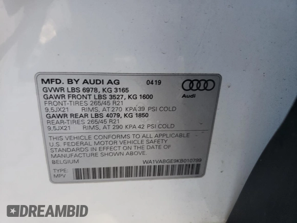 2019 Audi e-tron Prestige with VIN WA1VABGE9KB010799, listed as a Copart auction lot 56588223 with 14,998 mi miles. Bid and sale history available at carsss.com. Image 14.