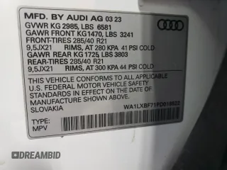 2023 Audi Q7 Premium Plus with VIN WA1LXBF71PD016522, listed as a Copart auction lot 55307155 with 24,025 mi miles and Salvage title. Bid and sale history available at DreamBid. Image 14.