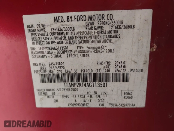 2010 Ford Taurus SHO with VIN 1FAHP2KT4AG113501, listed as a IAAI auction lot 42690799 with Not provided miles and . Bid and sale history available at DreamBid. Image 9.