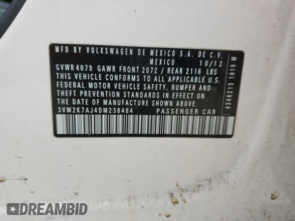 2013 Volkswagen Jetta S with VIN 3VW2K7AJ4DM238484, listed as a Copart auction lot 61780065 with 151,215 mi miles and Salvage title. Bid and sale history available at DreamBid. Image 13.
