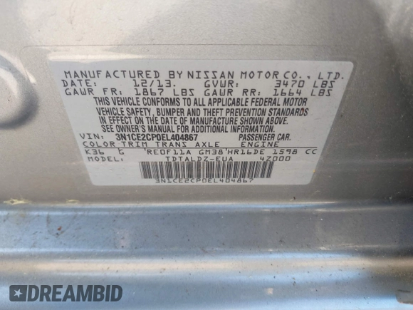 2014 Nissan Note SV with VIN 3N1CE2CP0EL404867, listed as a IAAI auction lot 42150285 with 124,370 mi miles and . Bid and sale history available at DreamBid. Image 9.