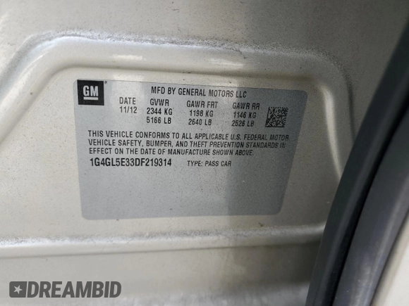 2013 Buick LaCrosse Leather z VIN 1G4GL5E33DF219314, wystawiony jako Copart lot #78661574 z przebiegiem 182 129 mil mil oraz Szkoda całkowita • Salvage title. Historia ofert i sprzedaży dostępna na DreamBid. Obrazek 13.