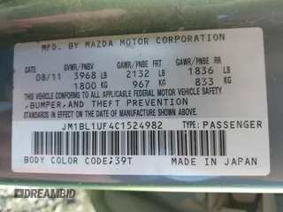 2012 Mazda 3 i Sport with VIN JM1BL1UF4C1524982, listed as a IAAI auction lot 41725238 with 143,787 mi miles and . Bid and sale history available at DreamBid. Image 9.