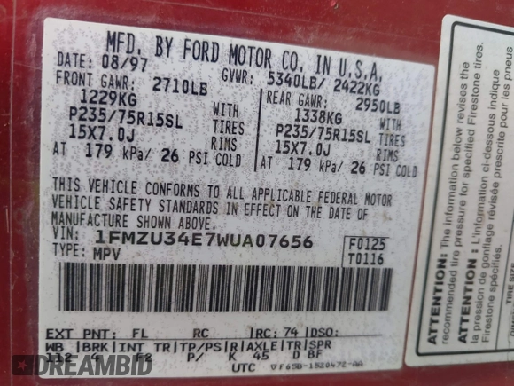 1998 Ford Explorer XL z VIN 1FMZU34E7WUA07656, wystawiony jako IAAI lot #42522560 z przebiegiem 187 244 mil mil oraz . Historia ofert i sprzedaży dostępna na DreamBid. Obrazek 9.