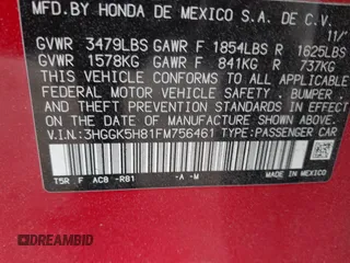 2015 Honda Fit EX-L with VIN 3HGGK5H81FM756461, listed as a IAAI auction lot 42080190 with 35,711 mi miles and . Bid and sale history available at DreamBid. Image 9.