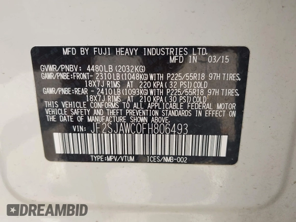 2015 Subaru Forester Touring with VIN JF2SJAWC0FH806493, listed as a IAAI auction lot 42355867 with 128,937 mi miles and . Bid and sale history available at DreamBid. Image 9.