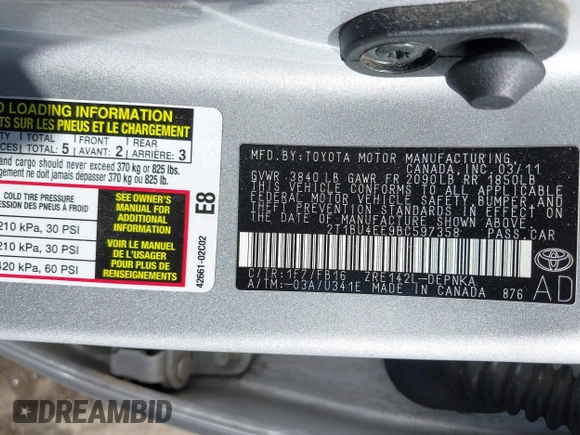 2011 Toyota Corolla L with VIN 2T1BU4EE9BC597358, listed as a IAAI auction lot 41815778 with 142,747 mi miles. Bid and sale history available at carsss.com. Image 9.
