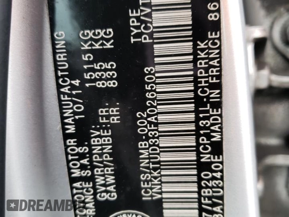 2015 Toyota Yaris L z VIN VNKKTUD33FA026503, wystawiony jako Copart lot #74686043 z przebiegiem 95 169 mil mil oraz Szkoda całkowita • Salvage title. Historia ofert i sprzedaży dostępna na DreamBid. Obrazek 13.