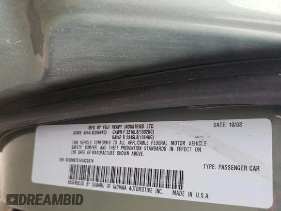 2004 Subaru Legacy Outback with VIN 4S3BH675147622674, listed as a Copart auction lot 59978675 with 206,413 mi miles and Salvage title. Bid and sale history available at DreamBid. Image 13.