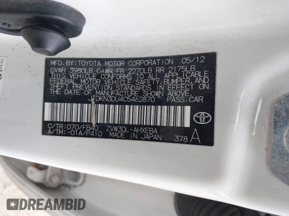 2012 Toyota Prius One with VIN JTDKN3DU4C5462870, listed as a IAAI auction lot 42091577 with 370,495 mi miles. Bid and sale history available at carsss.com. Image 9.