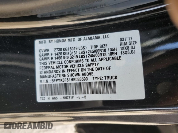 2017 Honda Ridgeline Black Edition with VIN 5FPYK3F81HB033590, listed as a Copart auction lot 53115525 with 128,971 mi miles and Salvage title. Bid and sale history available at DreamBid. Image 13.
