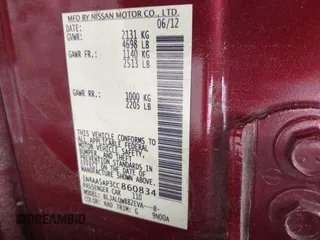 2012 Nissan Maxima SV with VIN 1N4AA5AP3CC860834, listed as a IAAI auction lot 42429509 with 96,939 mi miles and . Bid and sale history available at DreamBid. Image 9.