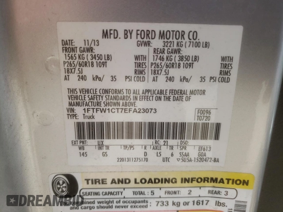 2014 Ford F-150 XL with VIN 1FTFW1CT7EFA23073, listed as a Copart auction lot 47411935 with 146,314 mi miles and Salvage Title. Bid and sale history available at carsss.com. Image 14.