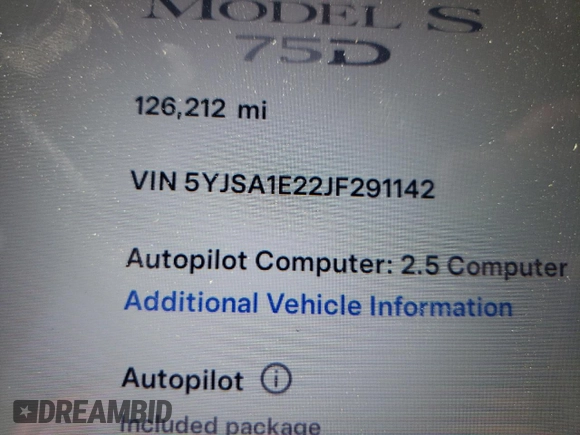 2018 Tesla Model S 75D with VIN 5YJSA1E22JF291142, listed as a Copart auction lot 65682055 with 126,212 mi miles and Salvage title. Bid and sale history available at DreamBid. Image 9.