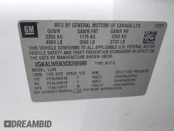 2012 GMC Terrain SLT-2 with VIN 2GKALWEK3C6206986, listed as a IAAI auction lot 42498030 with 179,978 mi miles and . Bid and sale history available at DreamBid. Image 9.