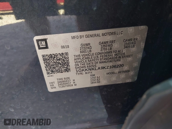 2019 GMC Acadia SLE with VIN 1GKKNKLA9KZ106220, listed as a IAAI auction lot 41822188 with 76,471 mi miles. Bid and sale history available at carsss.com. Image 9.