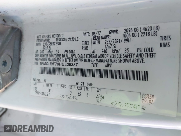 2017 Ford Escape S with VIN 1FMCU0F70HUE29337, listed as a IAAI auction lot 41338692 with 178,303 mi miles. Bid and sale history available at carsss.com. Image 7.