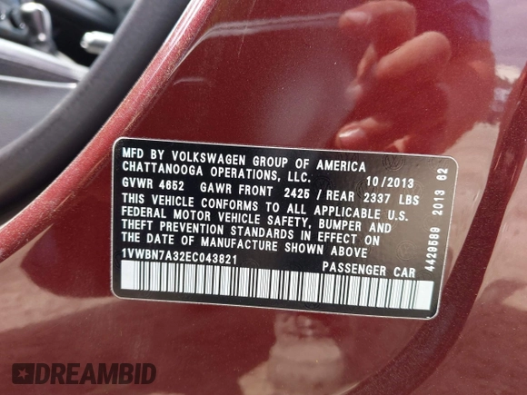 2014 Volkswagen Passat SE с VIN 1VWBN7A32EC043821, выставлен на аукционе IAAI как лот 42047327 с пробегом 104 403 миль миль и . История ставок и продаж доступна на DreamBid. Изображение 9.
