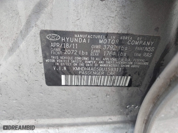 2011 Hyundai Elantra Ltd with VIN KMHDH4AE5BU159311, listed as a IAAI auction lot 41950609 with 170,909 mi miles. Bid and sale history available at carsss.com. Image 9.