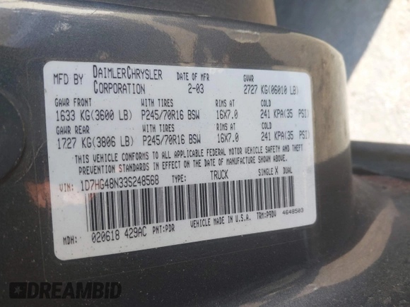 2003 Dodge Dakota SLT with VIN 1D7HG48N33S248568, listed as a IAAI auction lot 41834084 with 153,001 mi miles and . Bid and sale history available at DreamBid. Image 9.