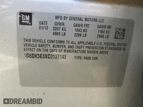 2012 Cadillac CTS Performance with VIN 1G6DK5E3XC0137143, listed as a Copart auction lot 53891815 with 123,174 mi miles and Salvage Title. Bid and sale history available at DreamBid. Image 12.