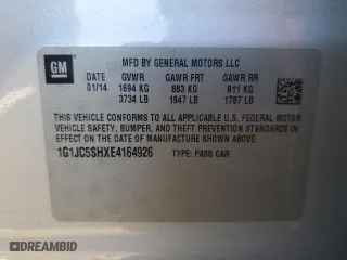 2014 Chevrolet Sonic LT with VIN 1G1JC5SHXE4164926, listed as a Copart auction lot 84021604 with 0 mi miles and Non Repairable. Bid and sale history available at carsss.com. Image 13.