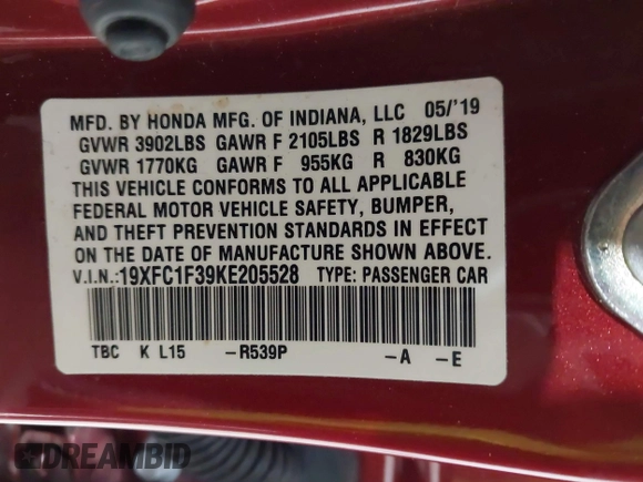 2019 Honda Civic Sedan EX with VIN 19XFC1F39KE205528, listed as a IAAI auction lot 41639764 with 64,620 mi miles. Bid and sale history available at carsss.com. Image 9.