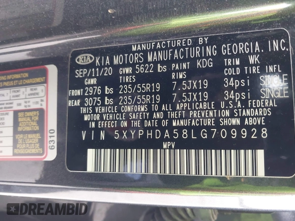 2020 Kia Sorento EX V6 with VIN 5XYPHDA58LG709928, listed as a IAAI auction lot 41826419 with 1 mi miles. Bid and sale history available at carsss.com. Image 9.