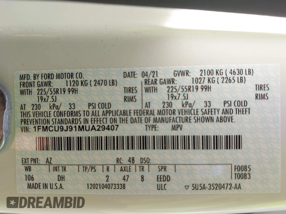 2021 Ford Escape Titanium with VIN 1FMCU9J91MUA29407, listed as a IAAI auction lot 42120442 with 19,314 mi miles and . Bid and sale history available at DreamBid. Image 9.