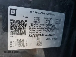 2020 GMC Acadia SLT with VIN 1GKKNMLS8LZ186387, listed as a Copart auction lot 43816935 with 97,716 mi miles and Salvage Title. Bid and sale history available at DreamBid. Image 15.