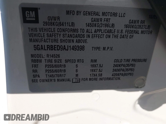 2010 Buick Enclave CXL 1XL with VIN 5GALRBED9AJ149398, listed as a IAAI auction lot 41986317 with 143,961 mi miles and . Bid and sale history available at DreamBid. Image 9.