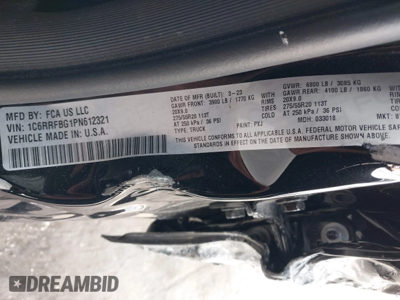 2023 Ram 1500 Big Horn z VIN 1C6RRFBG1PN612321, wystawiony jako IAAI lot #39303273 z przebiegiem 20 647 mil mil oraz . Historia ofert i sprzedaży dostępna na DreamBid. Obrazek 9.