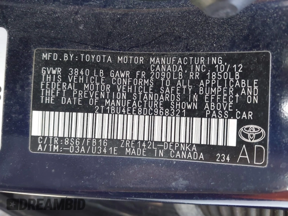 2013 Toyota Corolla L with VIN 2T1BU4EE8DC968321, listed as a IAAI auction lot 42048769 with 178,372 mi miles. Bid and sale history available at carsss.com. Image 9.