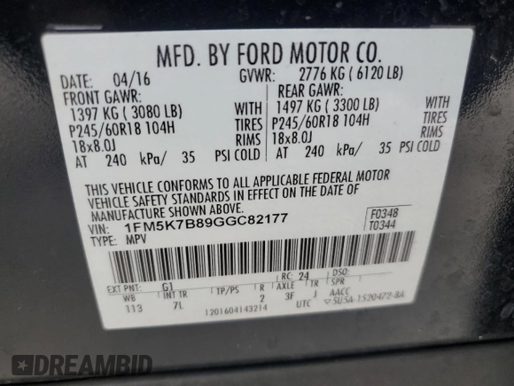 2016 Ford Explorer z VIN 1FM5K7B89GGC82177, wystawiony jako Copart lot #58719855 z przebiegiem 101 064 mil mil oraz Szkoda całkowita • Salvage title. Historia ofert i sprzedaży dostępna na DreamBid. Obrazek 13.