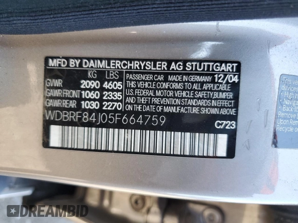 2005 Mercedes-Benz C 320 с VIN WDBRF84J05F664759, выставлен на аукционе Copart как лот 56924864 с пробегом 99 694 миль миль и Списание • Salvage title. История ставок и продаж доступна на DreamBid. Изображение 12.