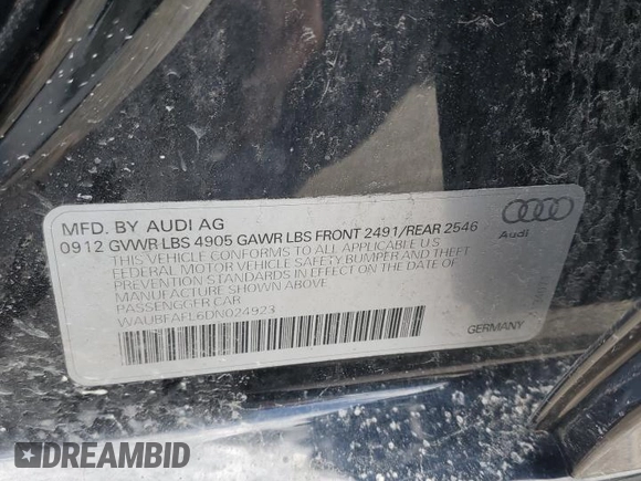 2013 Audi A4 Premium with VIN WAUBFAFL6DN024923, listed as a Copart auction lot 58710445 with 113,299 mi miles and Non repairable. Bid and sale history available at DreamBid. Image 12.