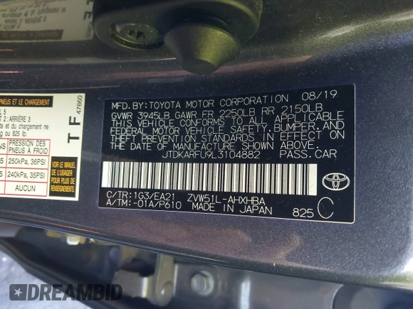 2020 Toyota Prius L Eco z VIN JTDKARFU9L3104882, wystawiony jako IAAI lot #41243035 z przebiegiem 29 013 mil mil oraz . Historia ofert i sprzedaży dostępna na DreamBid. Obrazek 9.
