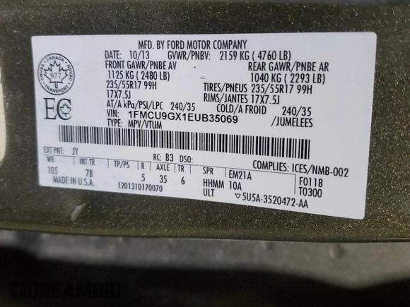 2014 Ford Escape SE with VIN 1FMCU9GX1EUB35069, listed as a Copart auction lot 49408545 with 0 mi miles and Clean Title. Bid and sale history available at carsss.com. Image 13.