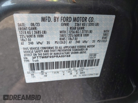 2023 Ford Maverick XL with VIN 3FTTW8F95PRA89168, listed as a IAAI auction lot 41383090 with 15,873 mi miles and . Bid and sale history available at DreamBid. Image 9.