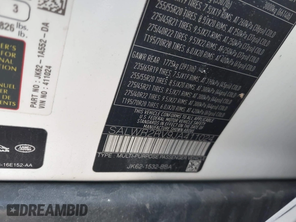 2018 Land Rover Range Rover Sport HSE with VIN SALWR2RV9JA411024, listed as a IAAI auction lot 41902083 with 111,216 mi miles and . Bid and sale history available at DreamBid. Image 9.