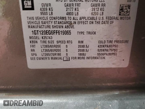 2015 GMC Sierra 2500HD Denali with VIN 1GT120EG6FF619065, listed as a Copart auction lot 83321254 with 120,628 mi miles and Salvage title. Bid and sale history available at DreamBid. Image 15.