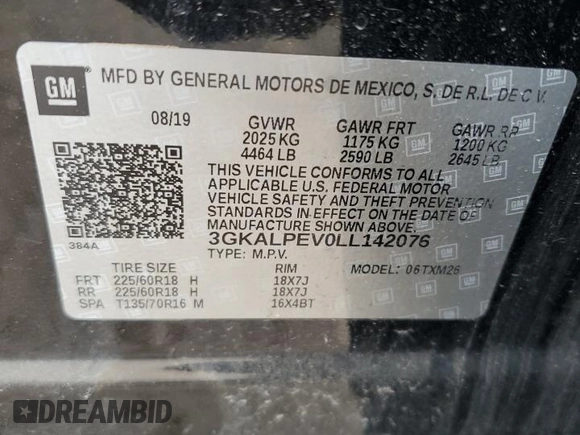 2020 GMC Terrain SLT with VIN 3GKALPEV0LL142076, listed as a Copart auction lot 56719385 with 97,939 mi miles and Salvage title. Bid and sale history available at DreamBid. Image 13.